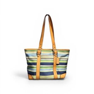 Coach Striped Canvas Tote in Navy, Light Blue, Green & Tan Leather